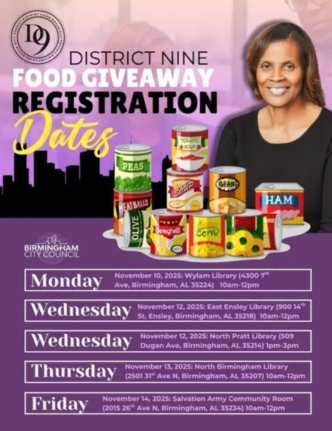 District Nine Food Giveaway Registration Dates flyer. All information as listed below.