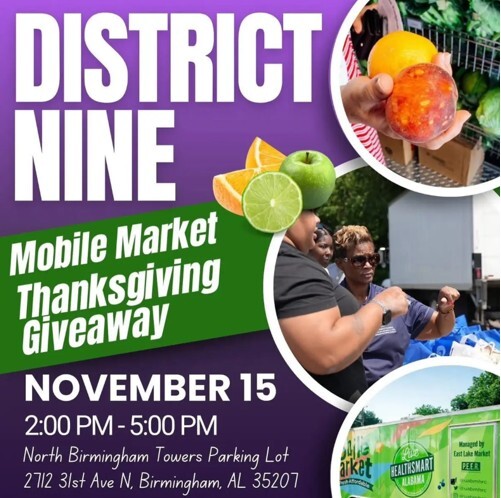 District Nine Mobile Market flyer. All information as listed below.