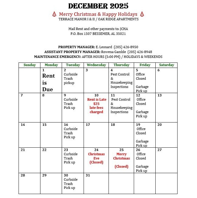 Bessemer December 2025 Calendar, all information as listed below.