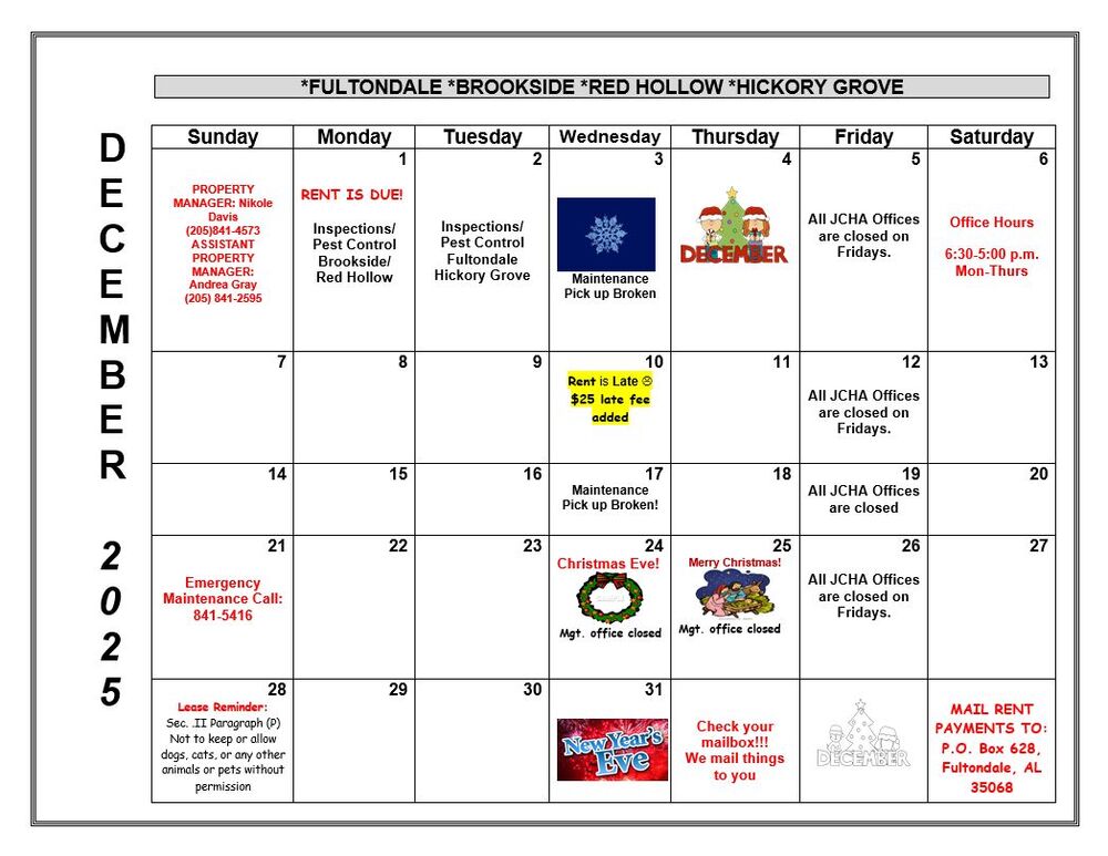Fultondale December 2025 Calendar, all information as listed below.