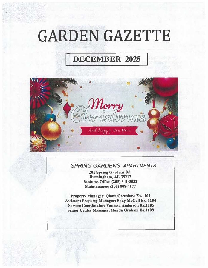 December 2025 Garden Gazette Newsletter, all information as listed below.