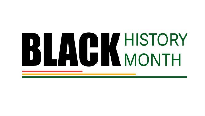 The words Black  History Month with red, yellow, and green lines underneath.