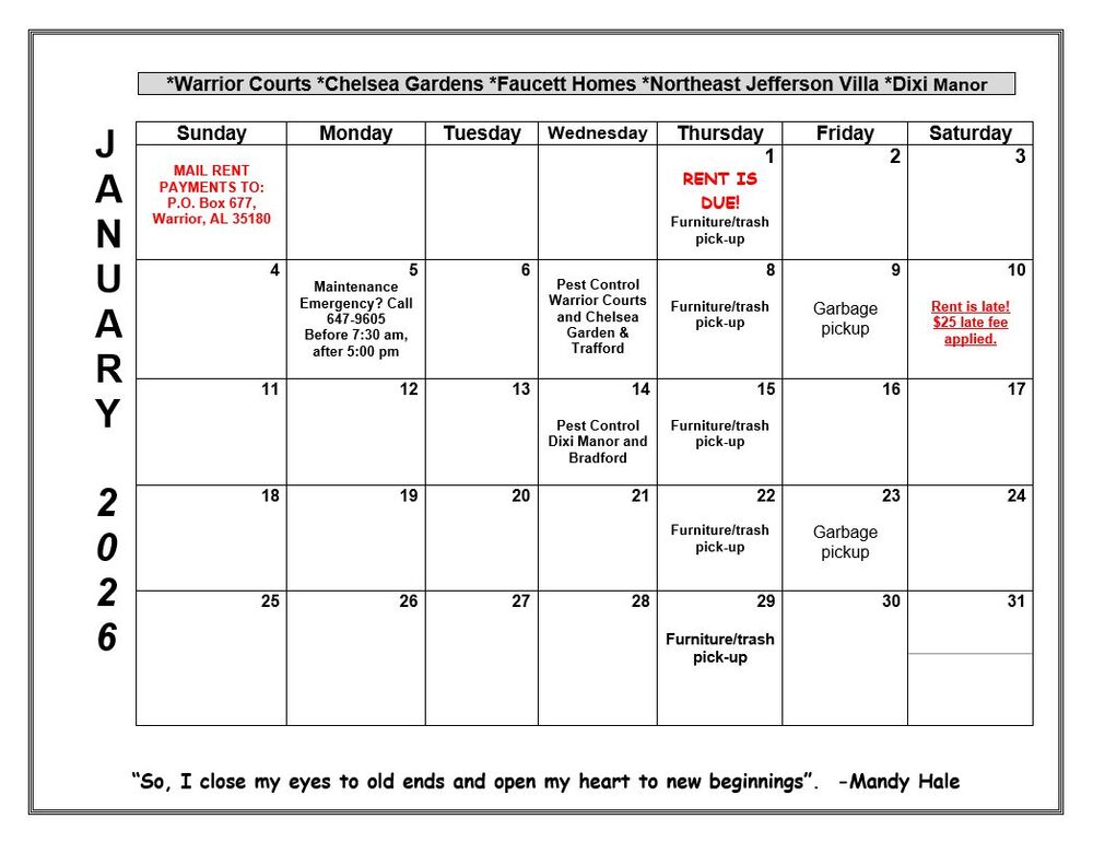 January 2026 Warrior Calendar, all information as listed below.