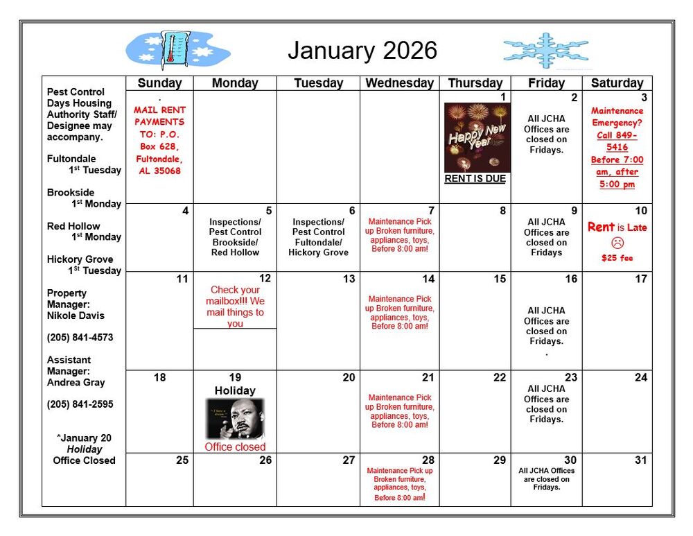 January 2026 Fultondale Calendar, all information as listed below.