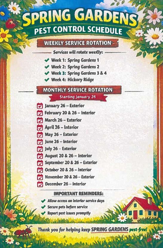Spring Garden Pest Control Schedule flyer, all information as listed below.
