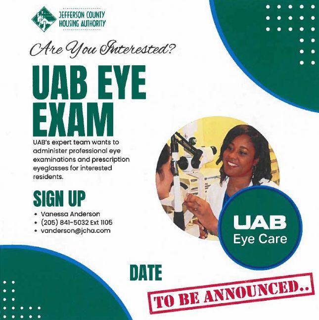 UAB Eye Exam Flyer, all information as listed below.