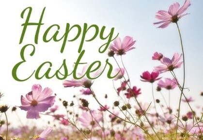 The words Happy Easter with a field of pink flowers in the background.