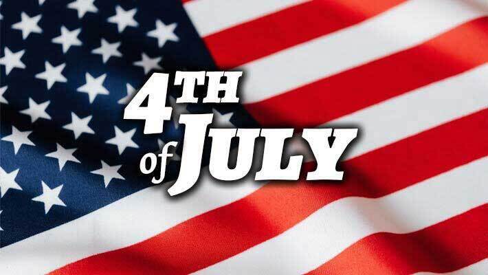 The words 4th of July with an American Flag as the background