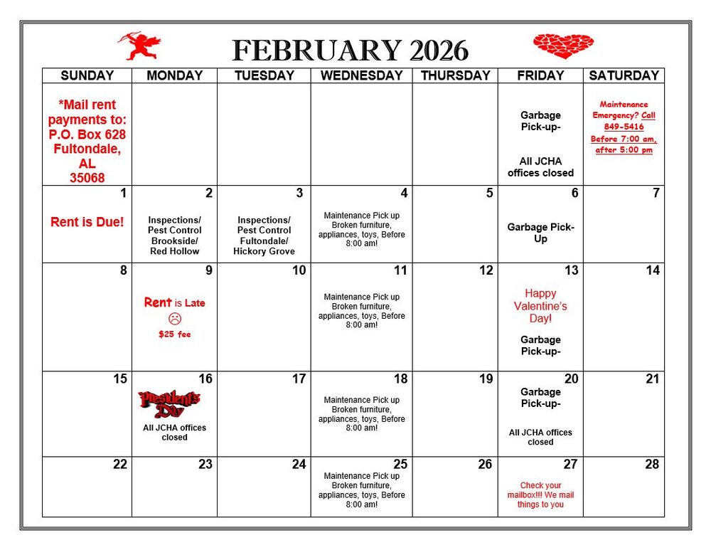 February 2026 Fultondale Calendar, all information as listed below.