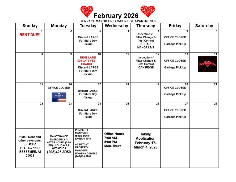 February 2026 Bessemer Calendar, all information as listed below.