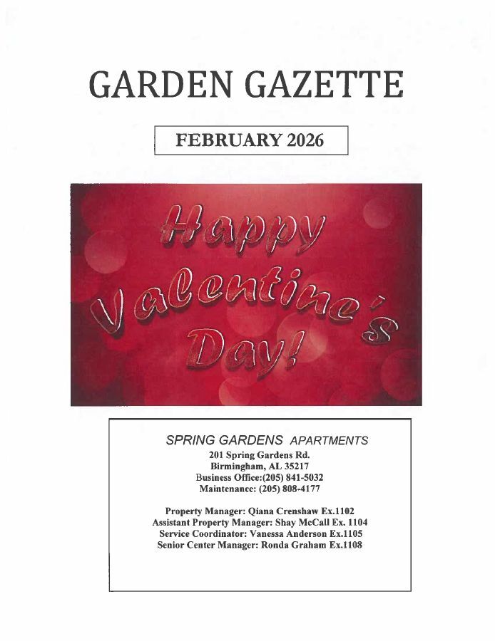 February 2026 Spring Gardens Newsletter, all information as listed below.