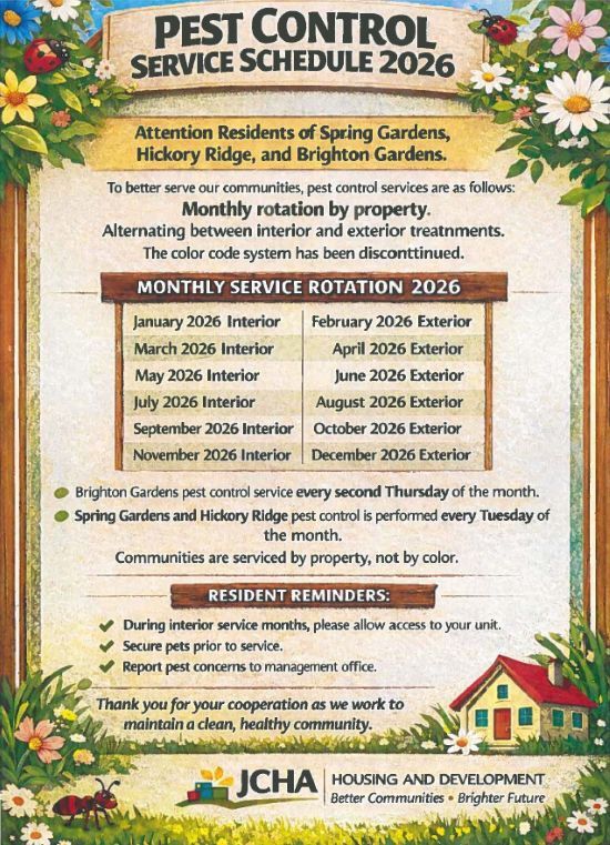 Pest Control Schedule 2026, all information as listed below.