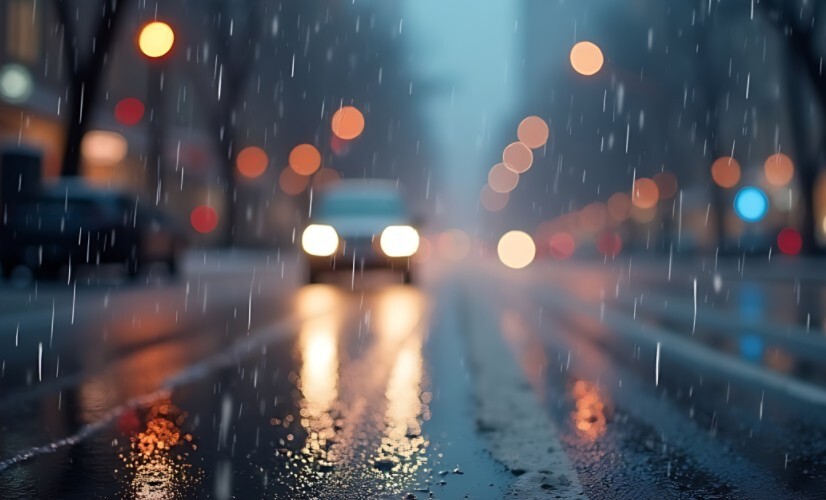 rain/snow mix on city street at dusk street lights and car headlights on