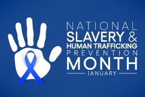 The words National Slavery and Human Trafficking Prevention Month and Ribbon with a white hand print.  