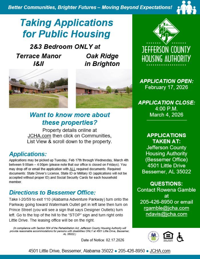 Bessemer Waitlist Flyer - February 17th - March 4th. All information as listed below.