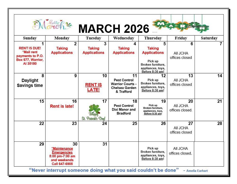 Warrior March 2026 Calendar, all information as listed below.