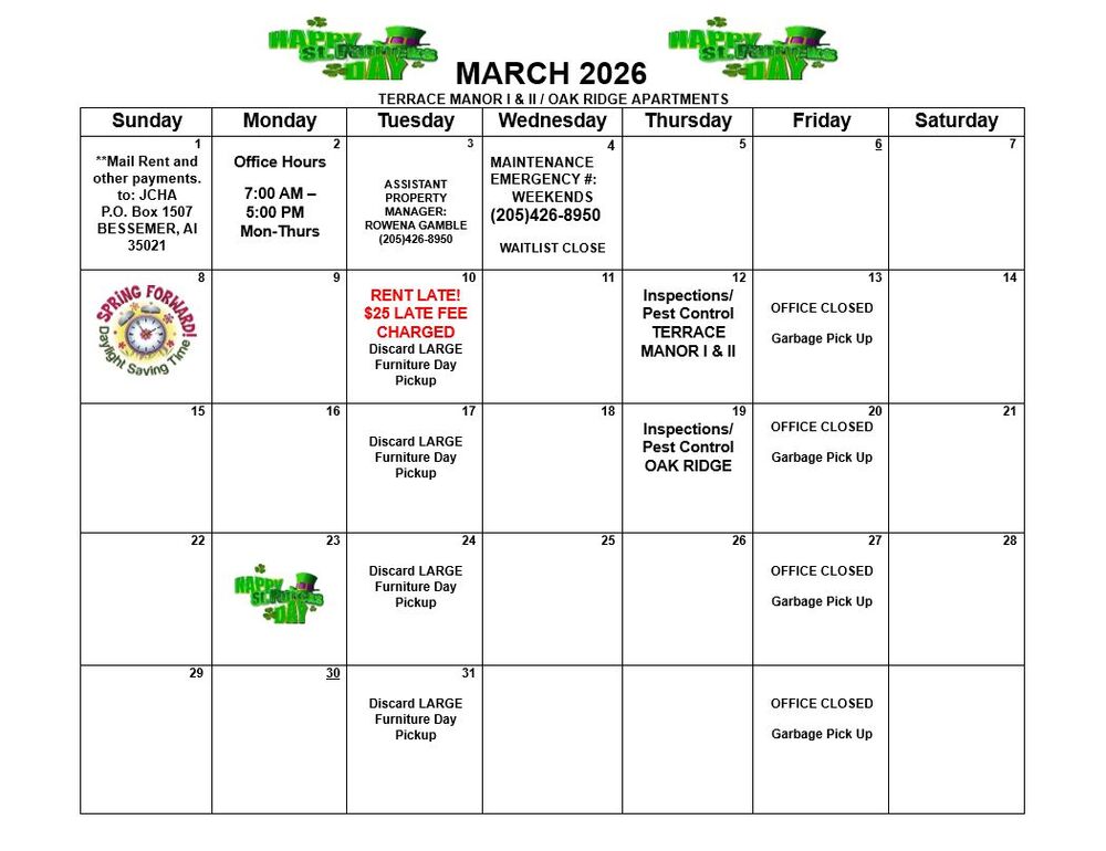 Bessemer March 2026 Calendar, all information as listed below.
