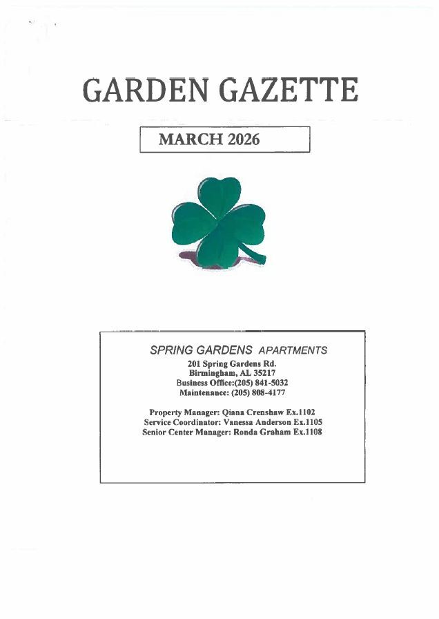 Spring Gardens March 2026 Newsletter, all information as listed below.