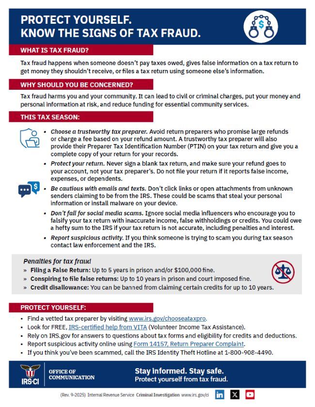 Know the Signs of Tax Fraud, all information as listed below.