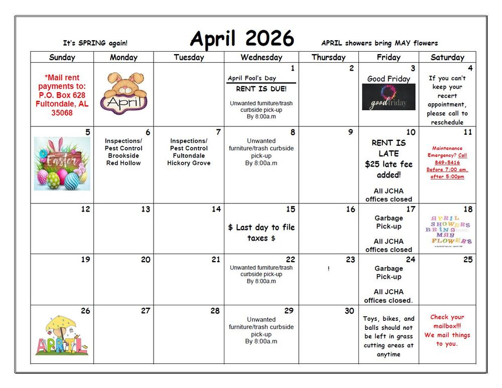 April 2026 Fultondale Calendar, all information as listed below.