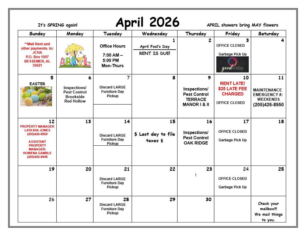April 2026 Bessemer Calendar, all information as listed below