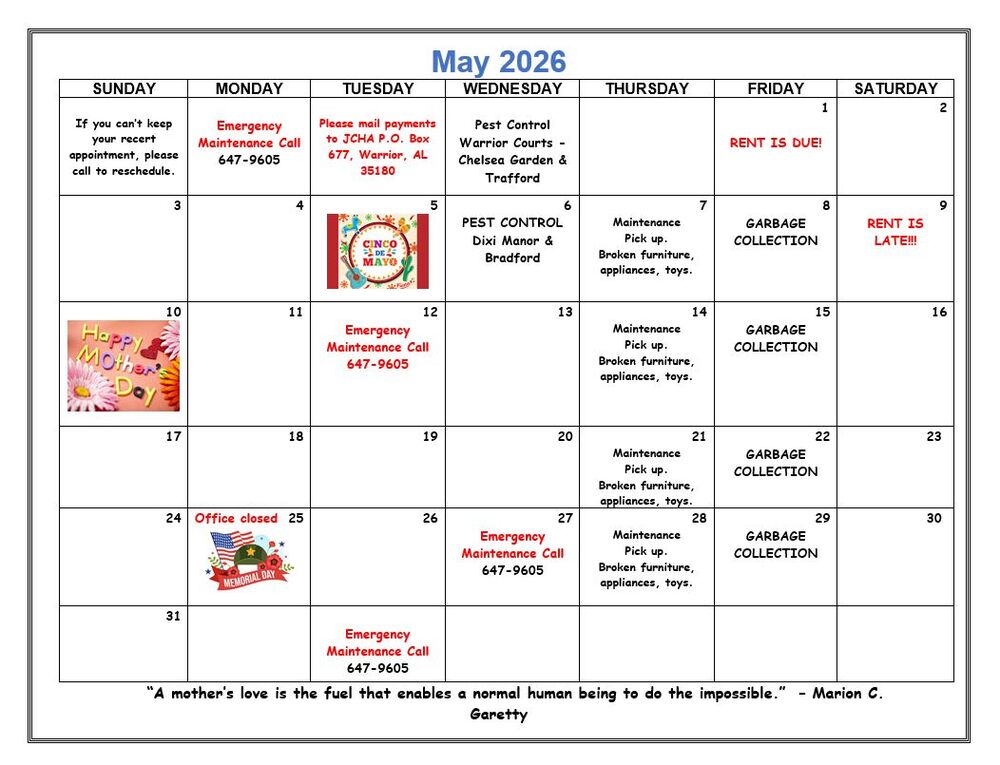 Warrior May 2026 Calendar, all information as listed below.