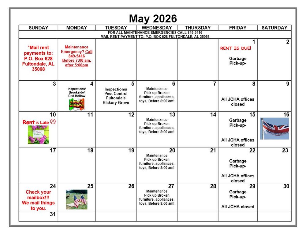 Fultondale May 2026 Calendar, all information as listed below.