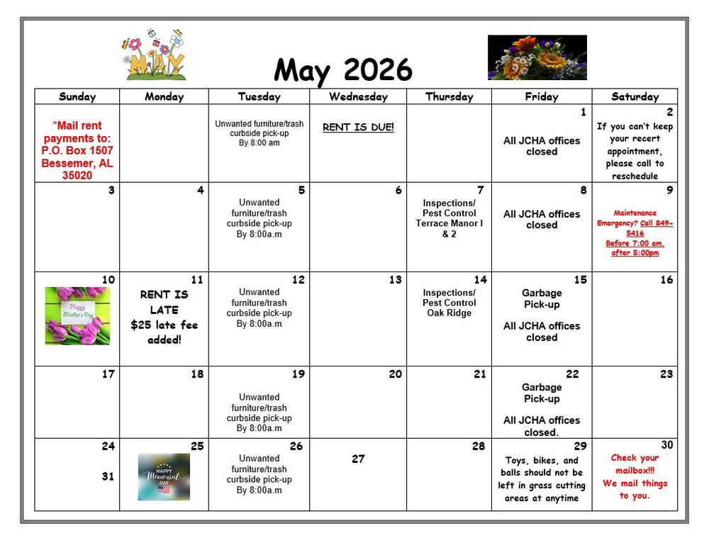 Bessemer May 2026 Calendar, all information as listed below.