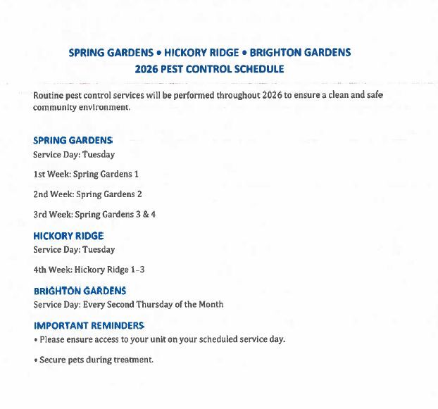2026 Pest Control Schedule, all information as listed below.
