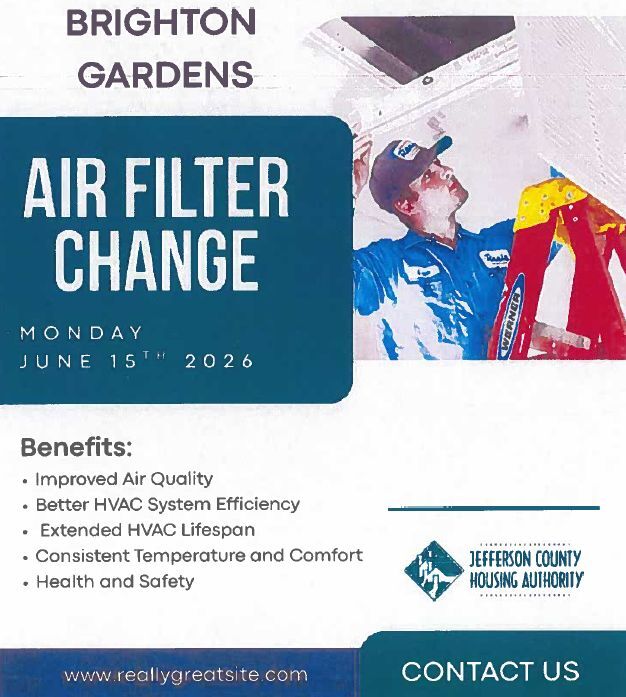 Brighton Gardens Air Filter Change Flyer, all information as listed below.