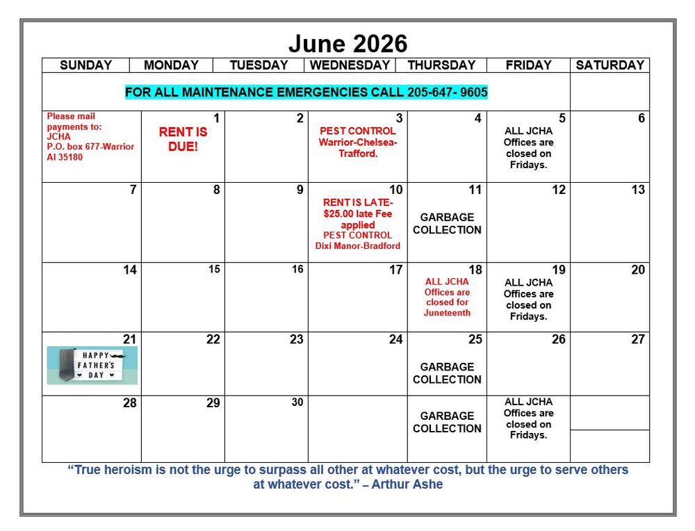 Warrior June 2026 Calendar, all information as listed below.