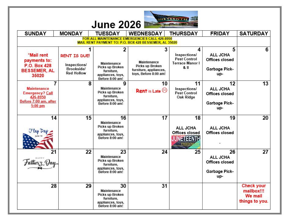 Bessemer June 2026 Calendar, all information as listed below.