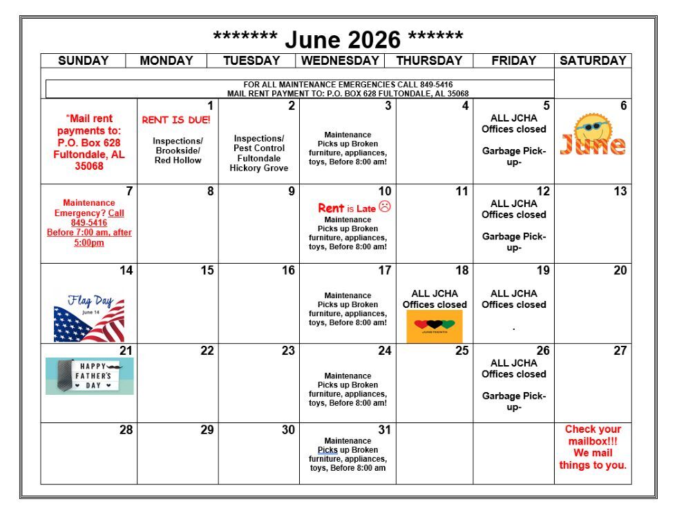 Fultondale June 2026 Calendar, all information as listed below.