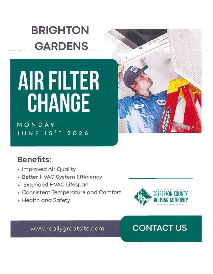 Brighton Gardens Filter Change Flyer, all information as listed below.