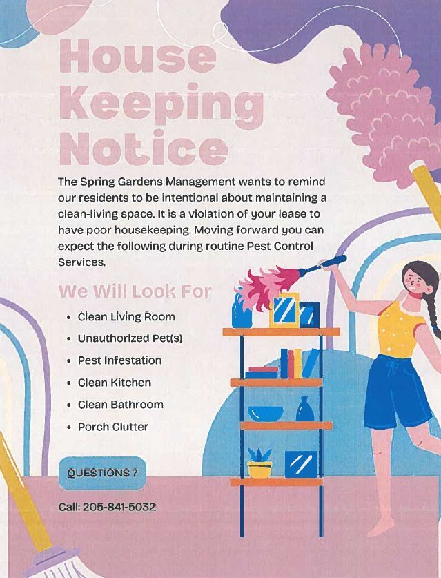House Keeping Flyer, all information as listed below.