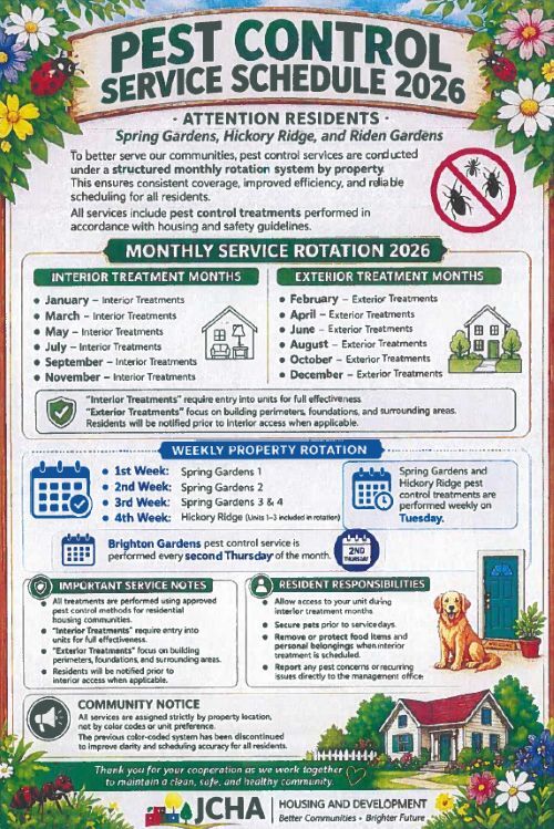 Pest Control Service Schedule, all information as listed below.