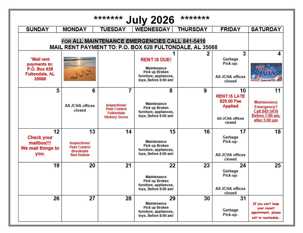 July 2026 Fultondale Calendar. All information as listed below.