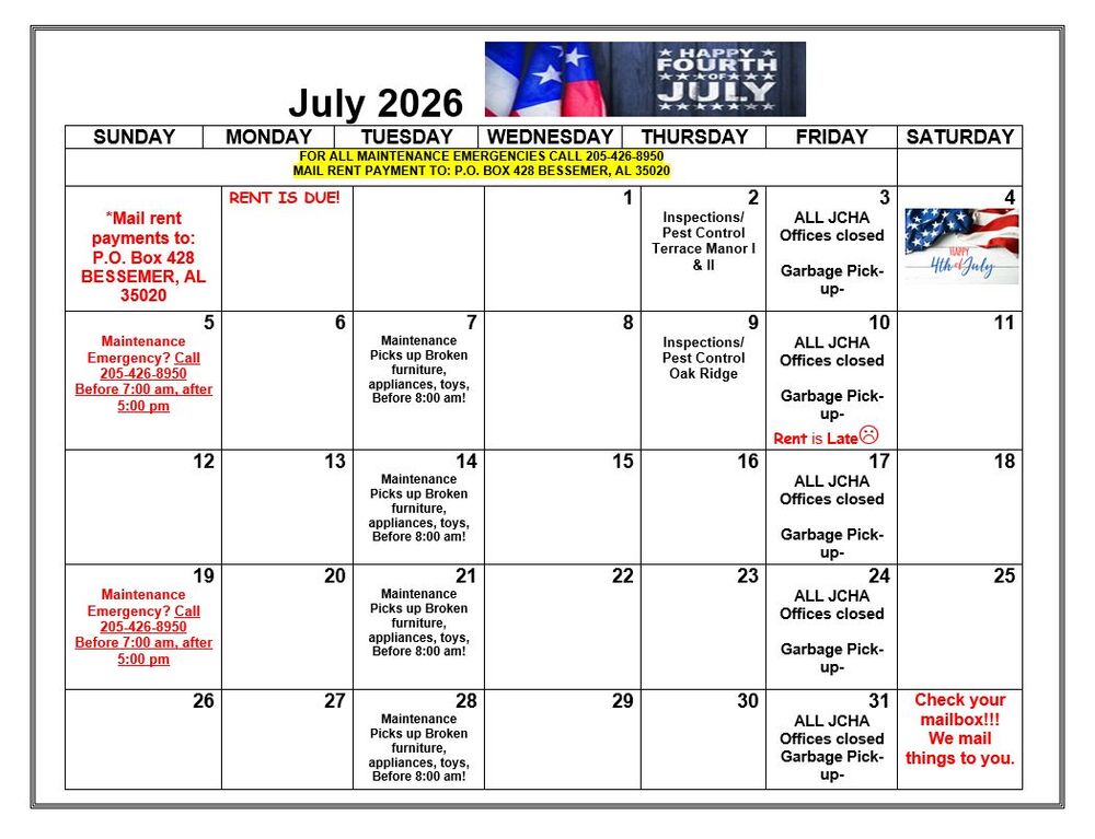July 2026 Bessemer Calendar. All information as listed below.