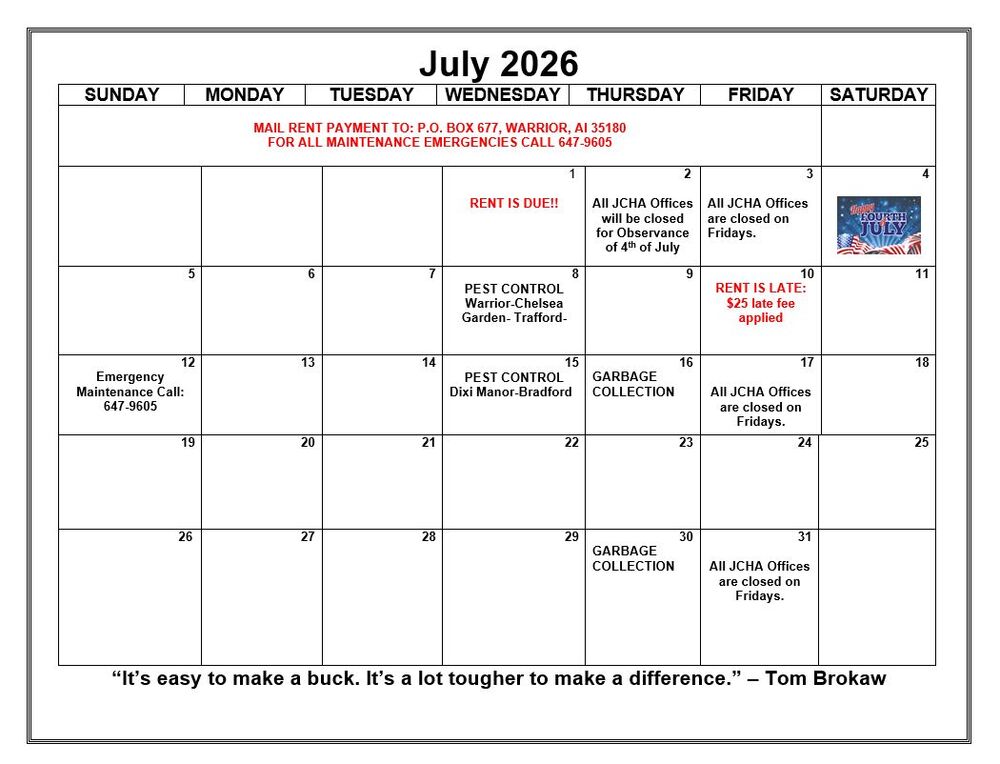 July 2026 Warrior Calendar. All information as listed below.