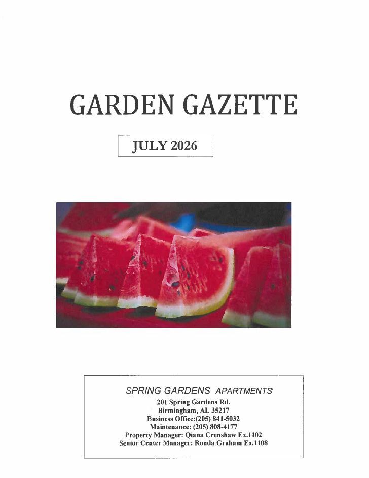 July 2026 Garden Gazette Newsletter. All information as listed below.