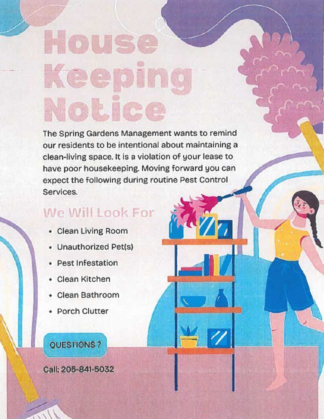Housekeeping Notice Flyer. All information as listed below.
