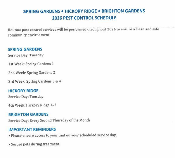 Pest Control Schedule. All information as listed below.