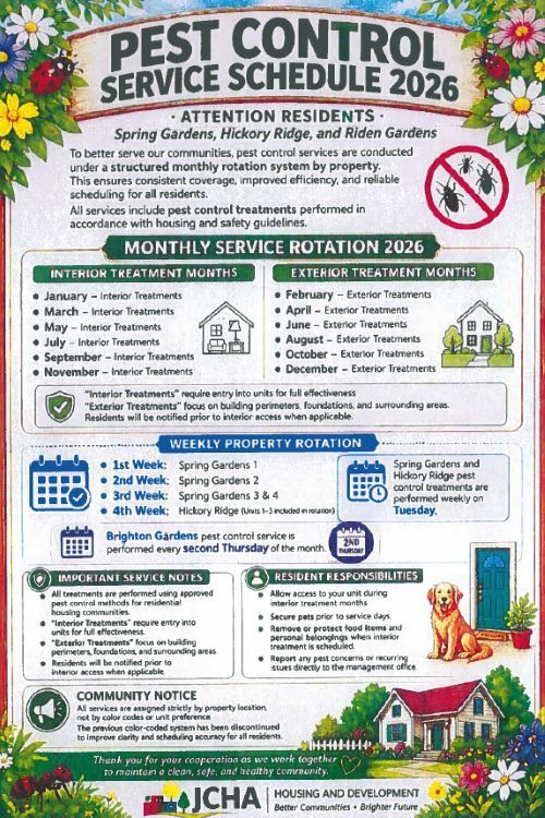 Pest Control Services Schedule 2026. All information as listed below.