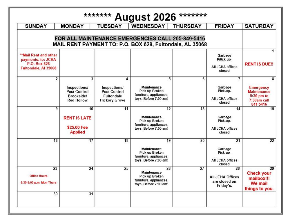 August 2026 Fultondale Calendar. All information as listed below.