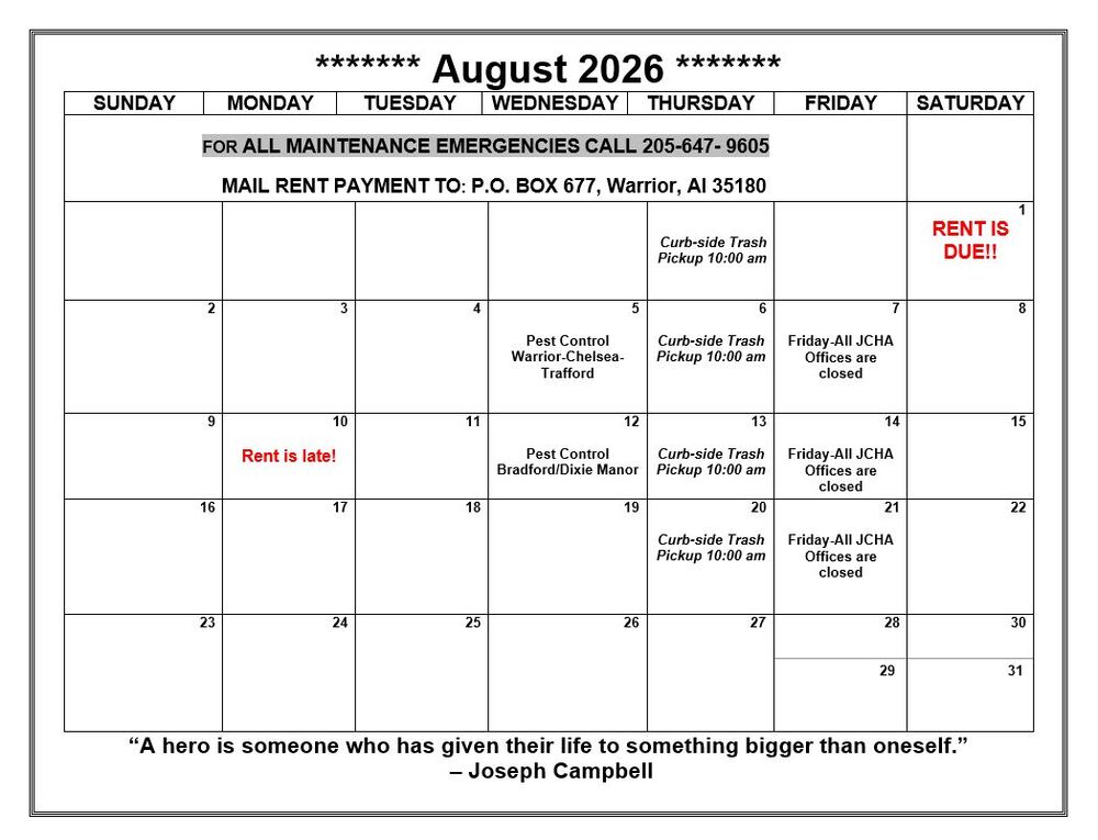 August 2026 Warrior Calendar. All information as listed below.