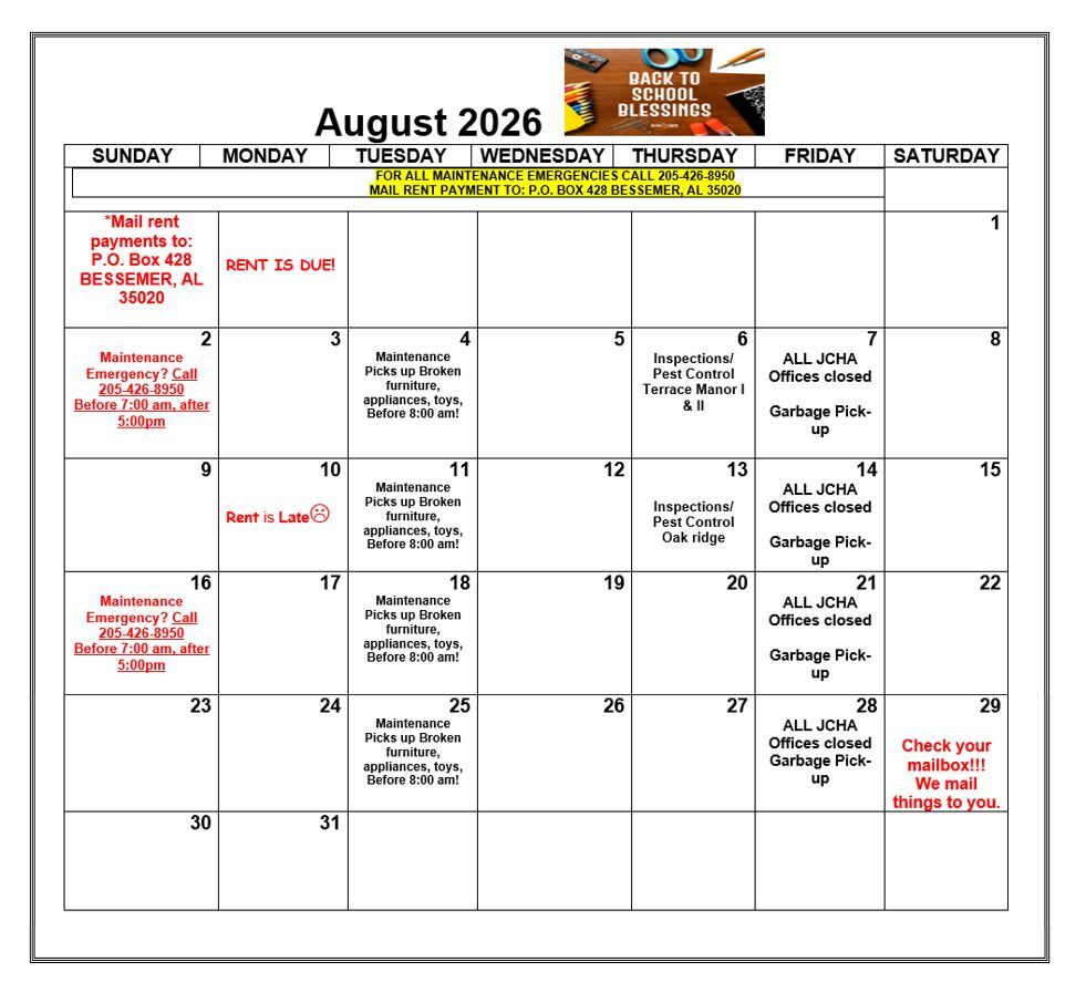 August 2026 Bessemer Calendar. All information as listed below.