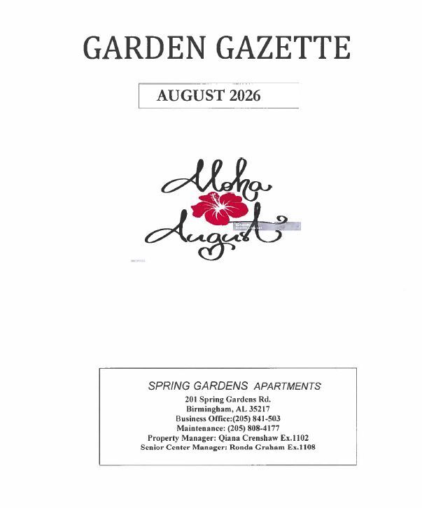 August 2026 Garden Gazette Newsletter. All information as listed below.