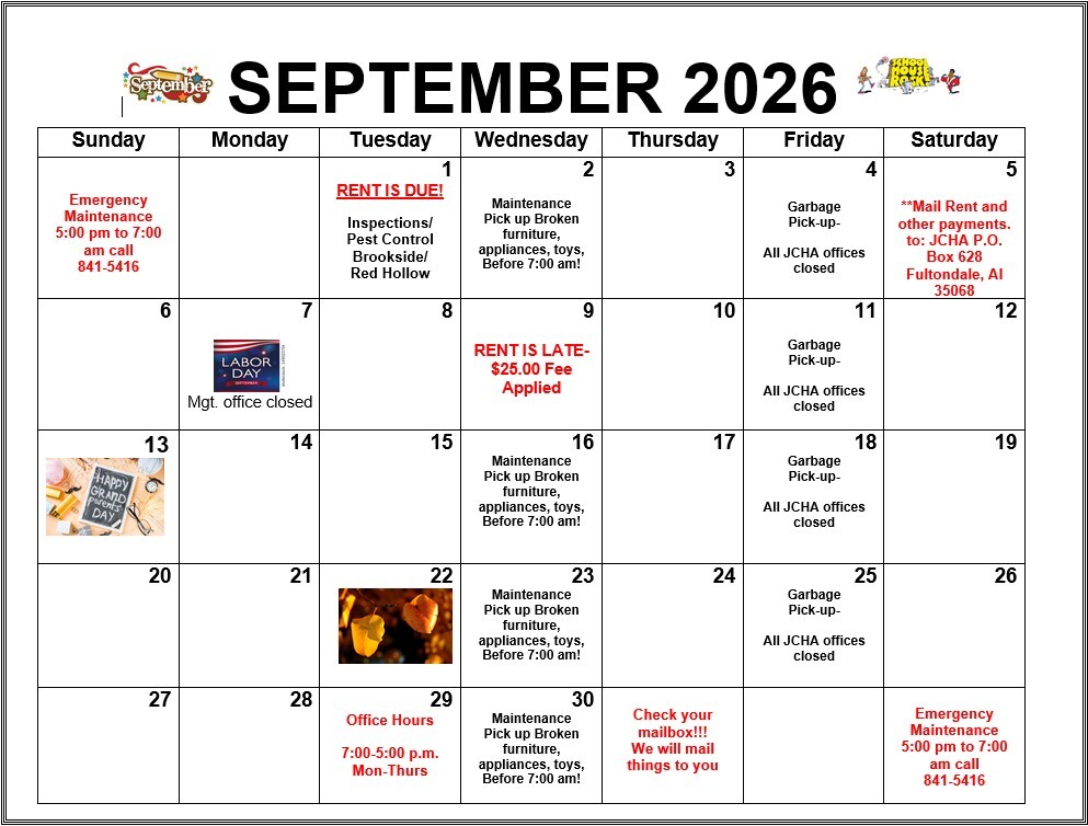 September 2026 Fultondale Calendar. All information as listed below.