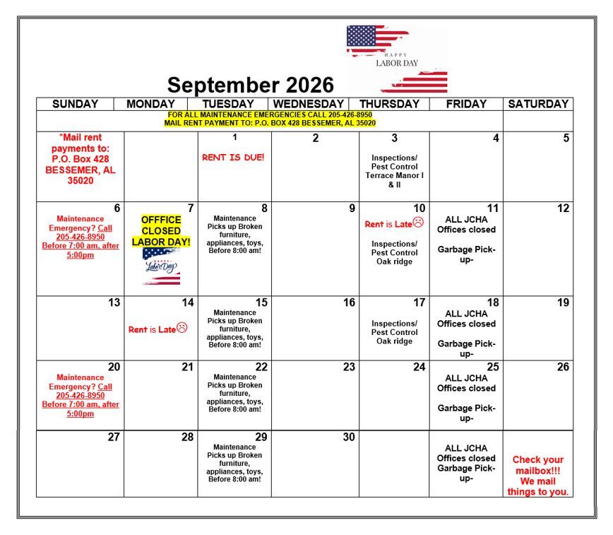 Bessemer September 2026 Calendar. All information as listed below.