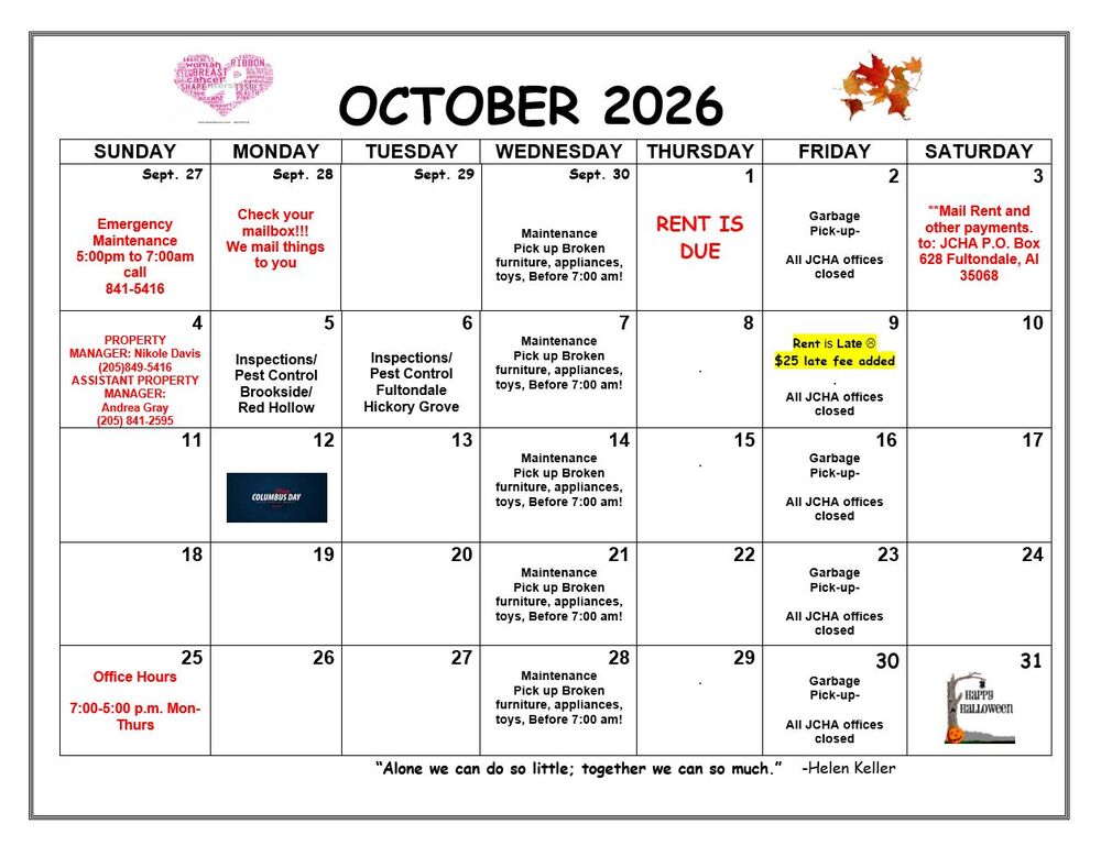 October 2026 Fultondale Calendar. All information as listed below.